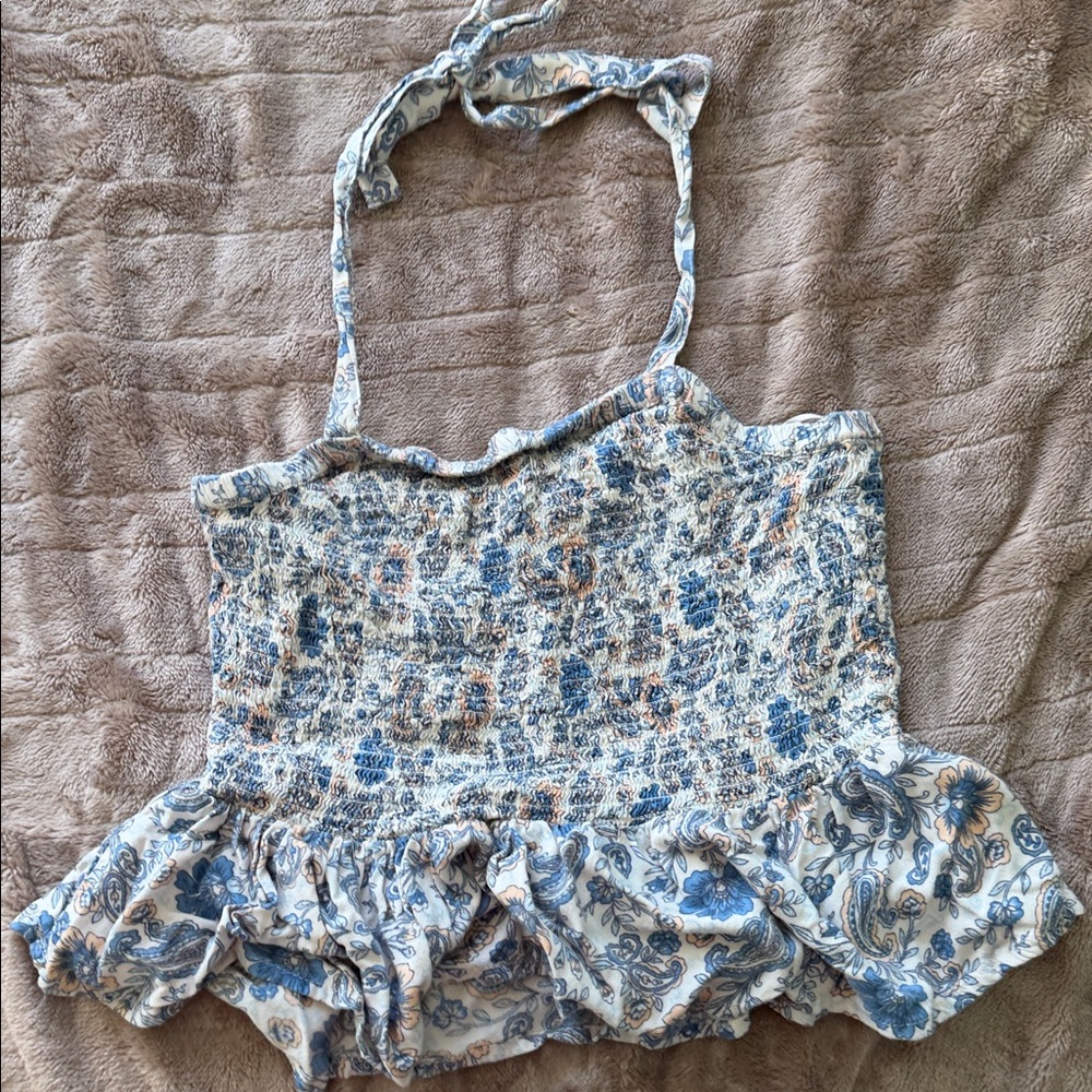 Floral Smocked Halter Top - Blue and Cream